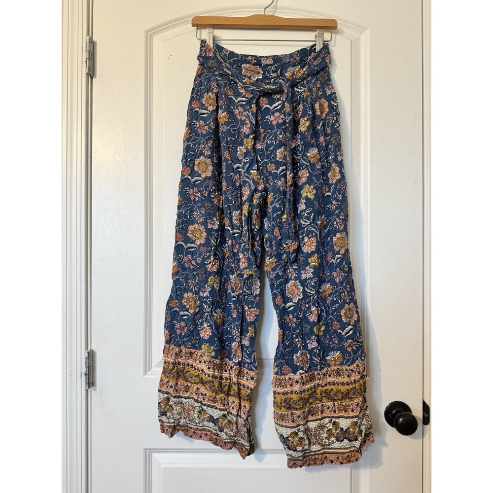 Angie Flare Pants Women's Sm Floral Wide Leg Boho Festival Romantic Tie Front